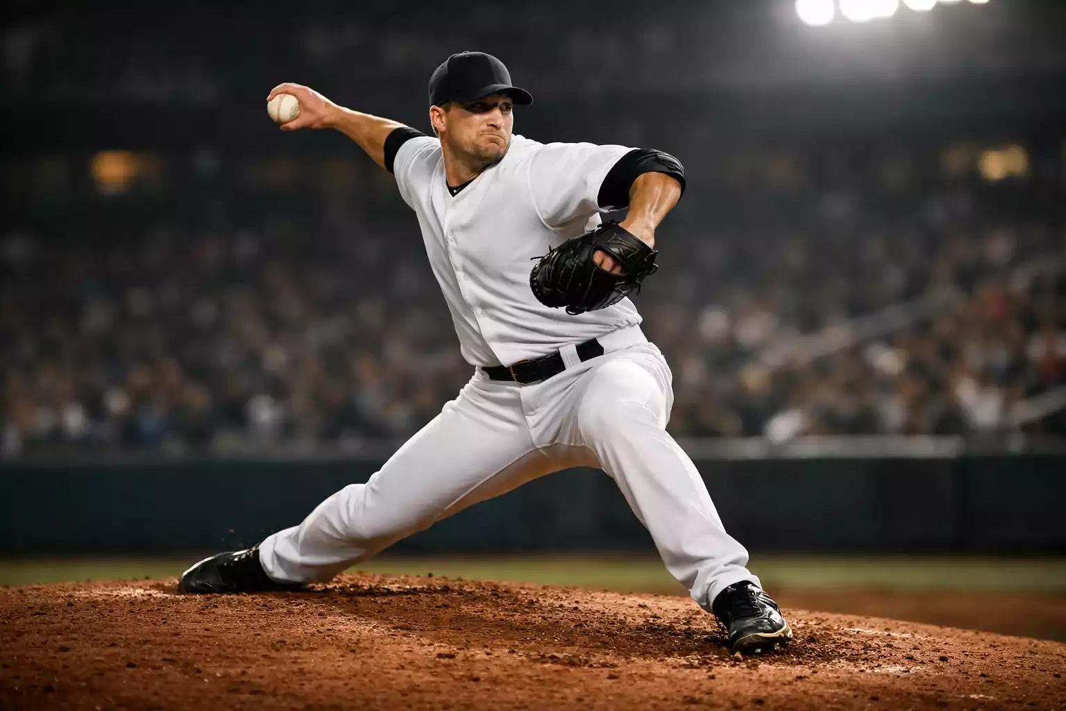 Baseball pitcher in mid-delivery showing pitching mechanics