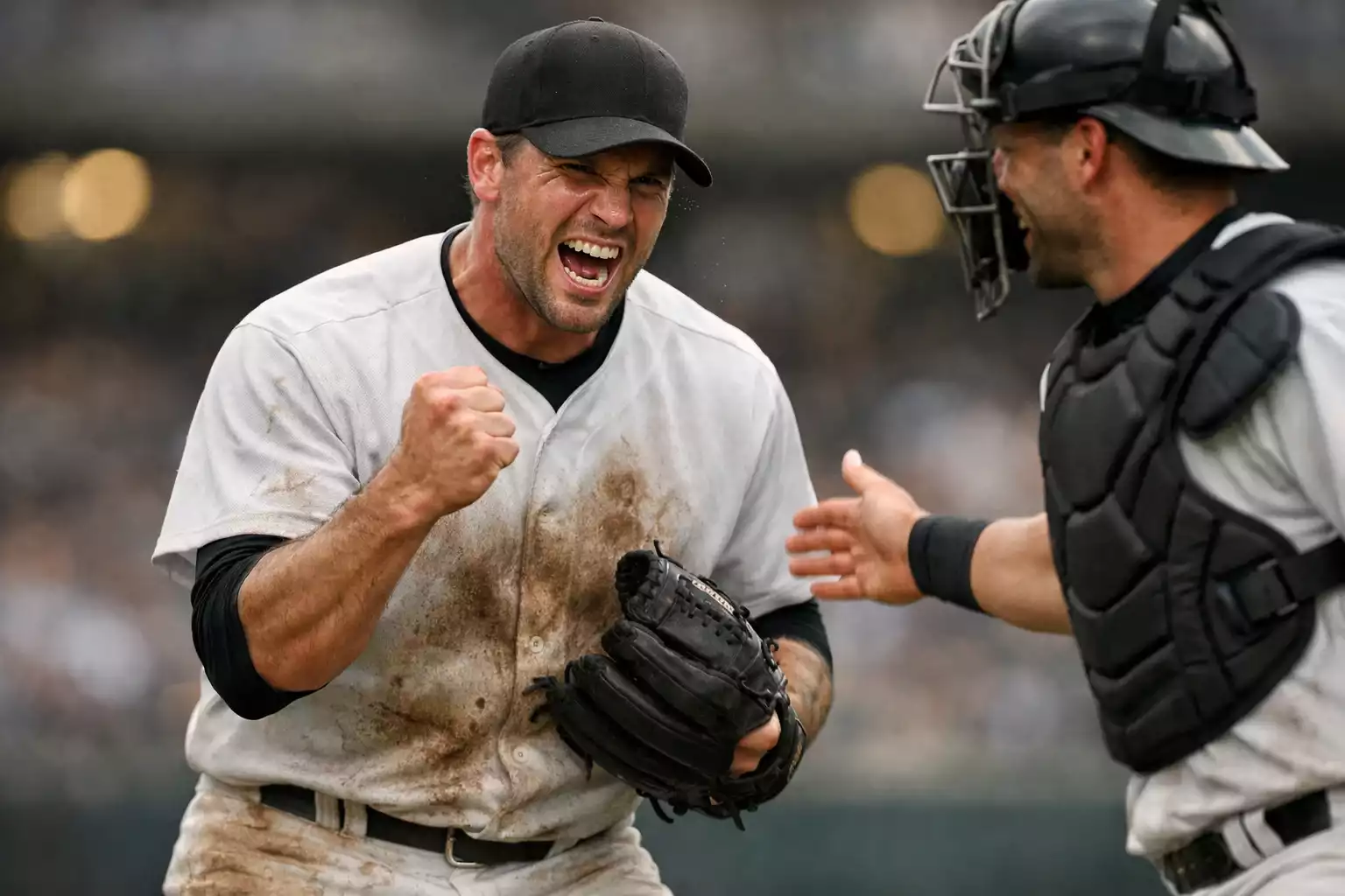 Pitcher celebrating strikeout with intense expression