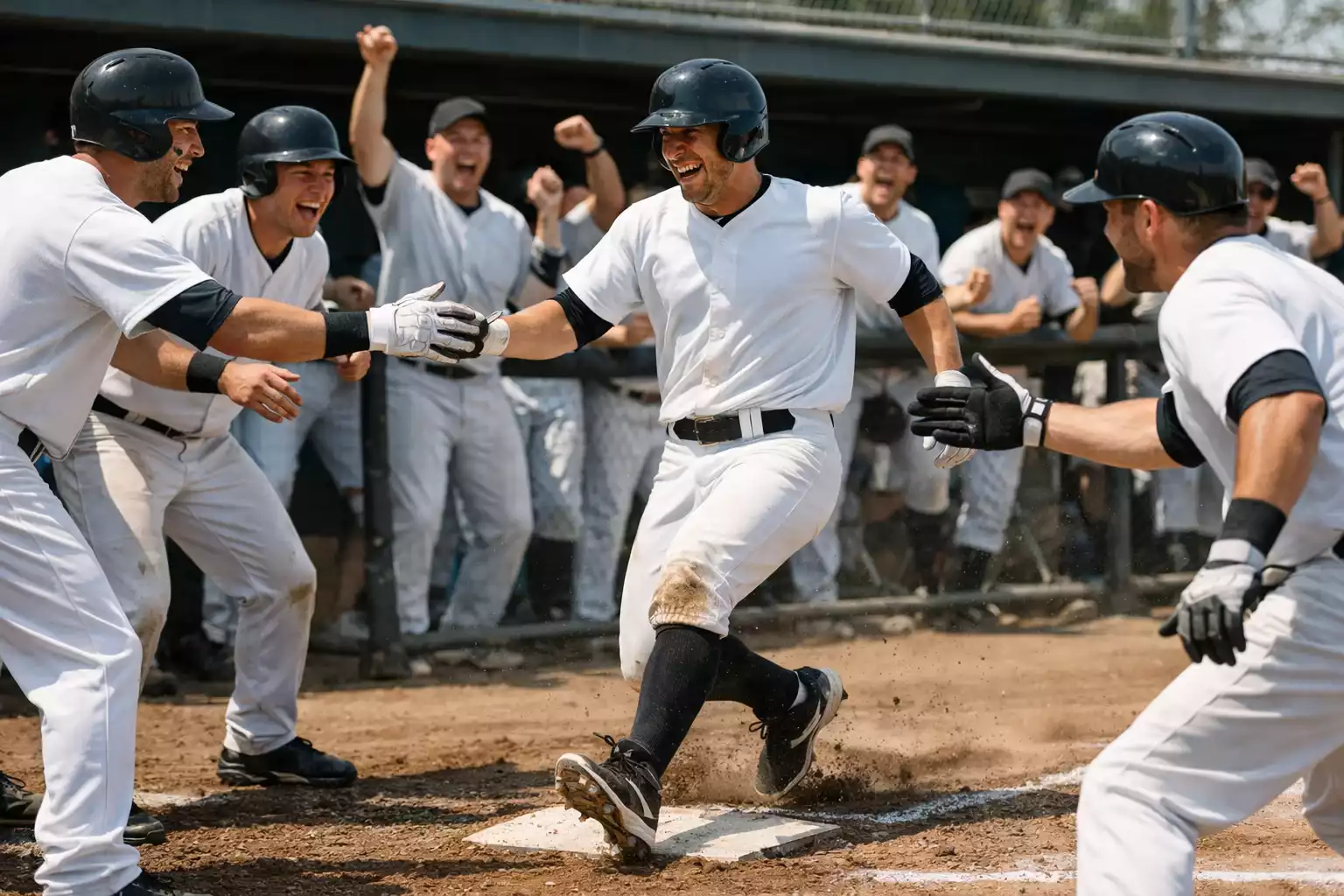 Baseball team celebrating run scored at home plate