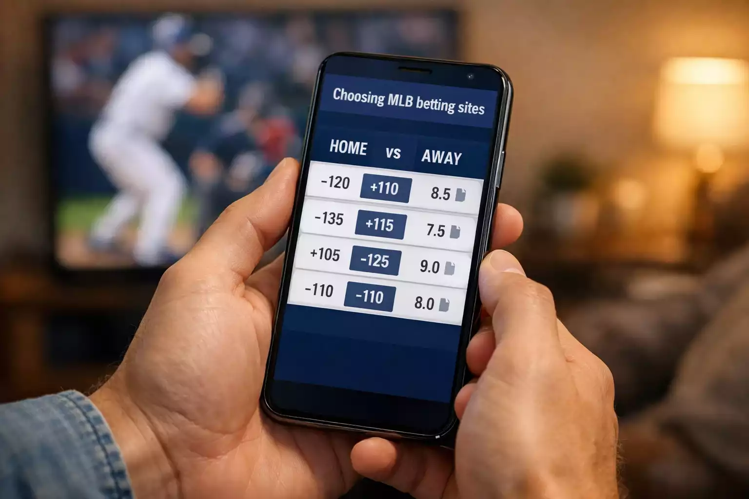 Person using smartphone to check MLB betting lines and statistics